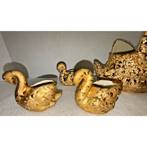Set of 4 Vintage 22 K Hand Decorated Weeping Bright Gold Swans Ceramic Planters - Picture 11 of 12